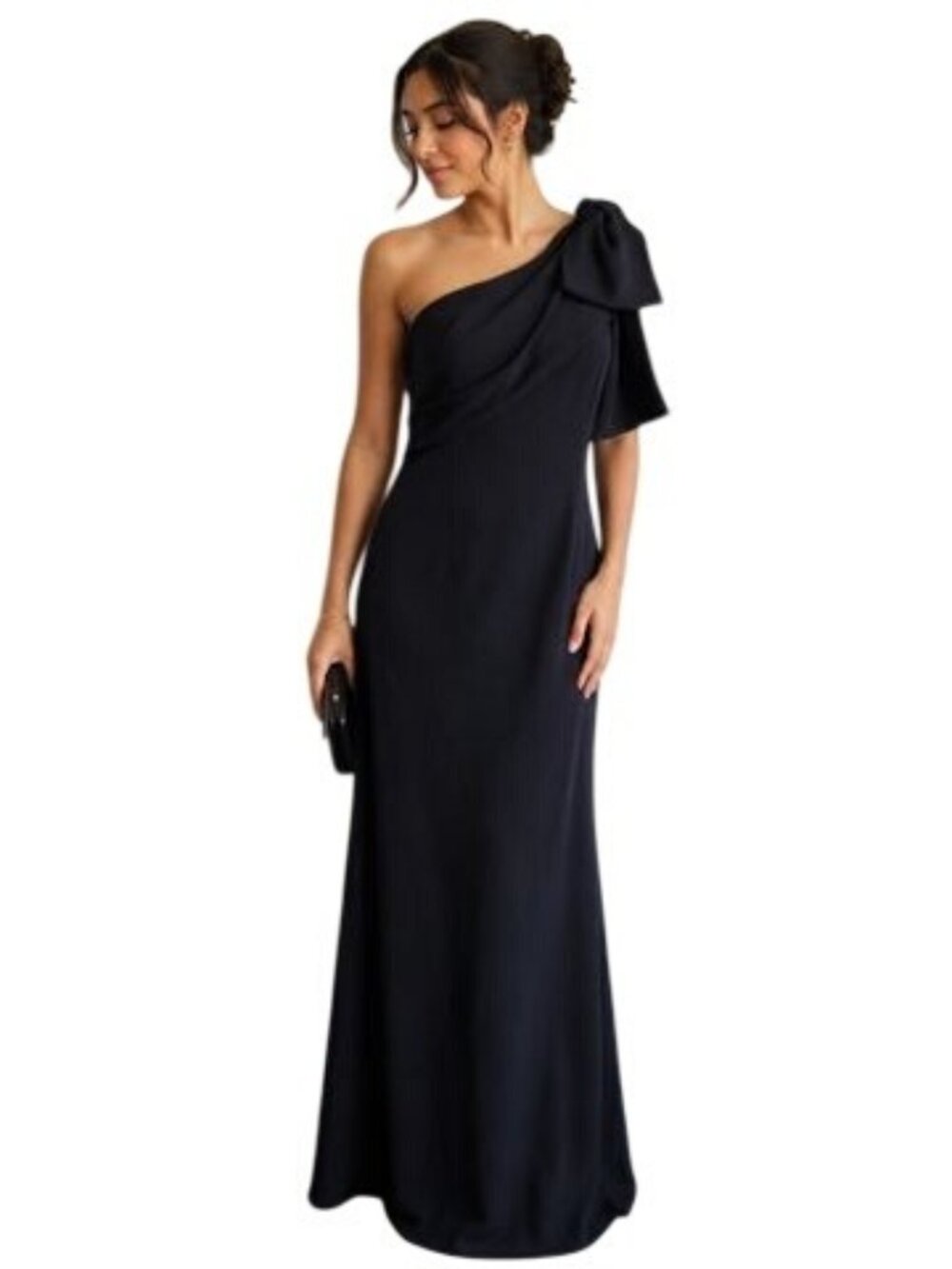 Adrianna Papell Black One-Shoulder Bow Stretch Womens Crepe Long Dress Size 14